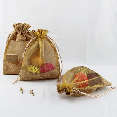 China Brown Organza Window Sack Burlap Drawstring Bag Custom Gift Packaging Bags With Logo for sale