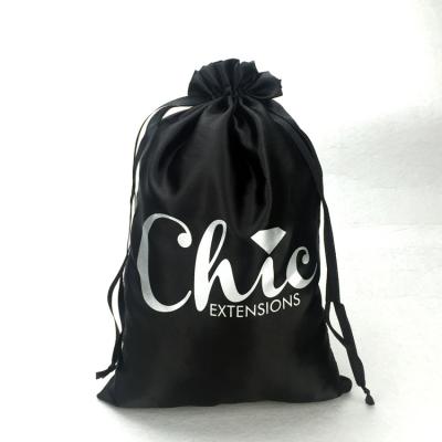 China Custom Gift Hair Extension Jewelry Pouch Black Satin Packaging Drawstring Bag For Hair With Logo for sale