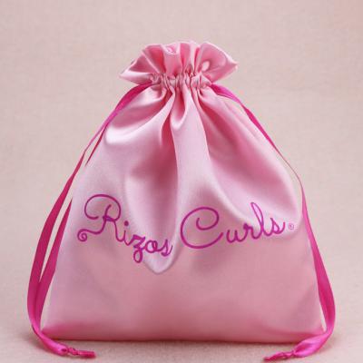 China Pull string 14*16cm pink custom logo satin bag for hair extension wig satin packing drawstring bag for sale