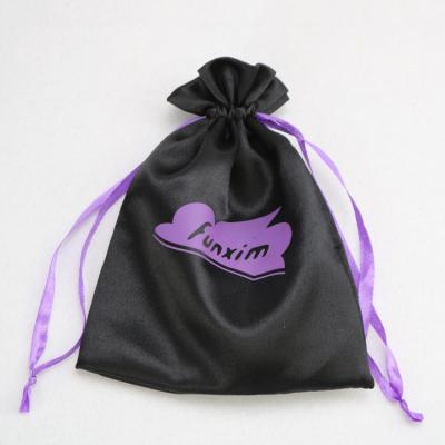 China Custom Drawstring Style Hair Bundles Bag Black Satin Dust Bag for sale