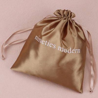 China Brown Silk Satin Dust Bag Drawstring Pouch Gift Wrapping Silk Bag With Logo for sale