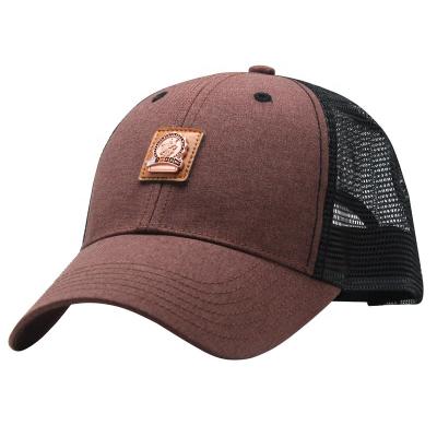 China JOINT Custom Logo Brown 6 Panel Caps Curved Brim Trucker Hat With Leather Patch for sale