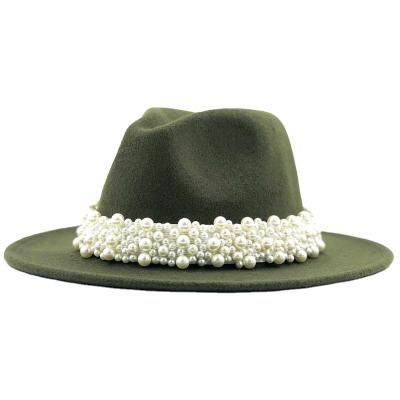 China Elegant Lady Winter Autumn Wide Brim Hat New Women Men Wool Gentleman Striped Fedora Hat With Pearl Ribbon for sale