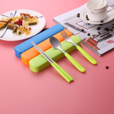 China Portable Viable Spoon Fork Chopsticks Set Stainless Steel Cutlery Plastic Handle Flat Dinnerware Set With Gift Box for sale