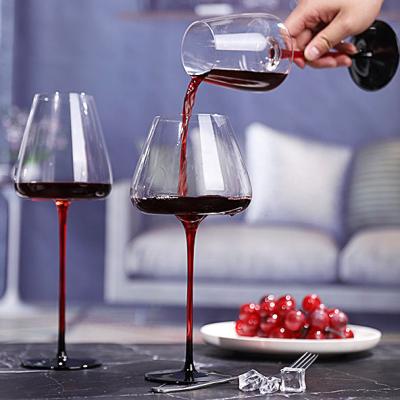 China Viable Luxury Red Stem and Black Low Clear Bordeaux Wine Glasses for Wedding Rental and Restaurant Crystal Glassware Champagne Flutes for sale