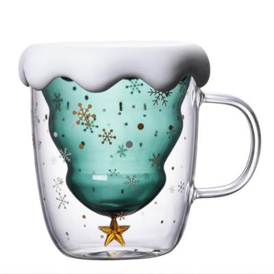 China Wholesale Viable Double Wall Glass Coffee Mugs Xmas Gift Tree Cup Christmas Mugs for sale