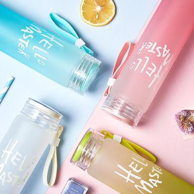 China Small viable colorful wholesale cheap price 400ml long style hello holy master creative frosted glass water bottle for sale