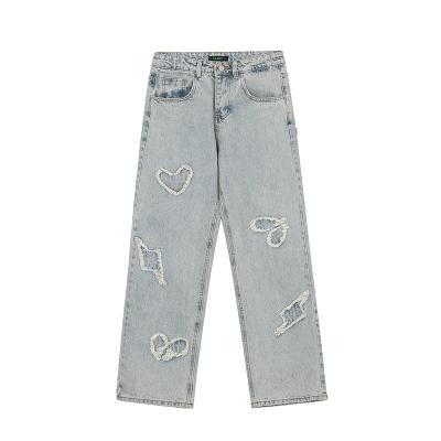 China Love Embroidery Waist Denim Breathable Washed Pants High Loose Straight Wide Leg Couples Casual Trousers for sale