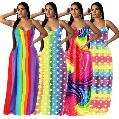 China Wholesale Plus Size Stripe Casual Print Rainbow Fashion Colorful Women's Dress for sale