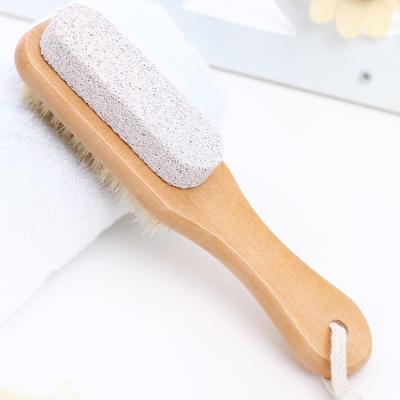 China Double Sided Foot Bath Brush Long Handle Shower Foot Scrubber Wooden Brush With Pumice Stone for sale