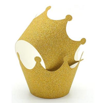 China Disposable Glitter Gold Crown Paper Cupcake Liner Dessert Cup Wrappers Wedding Cupcake Decoration for sale