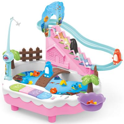 China Penguin Slide Track Game Electric Multifunctional Fishing Platform Play Can Add Water Music Children Toys for sale