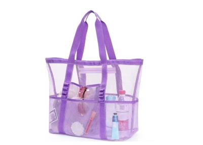 China Eco Friendly RPET Large Beach Tote Bag Polyester Purple Mesh Bag Custom Logo en venta