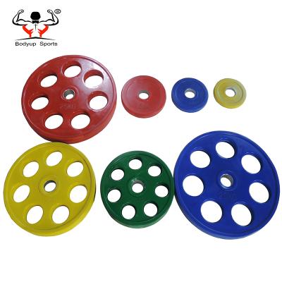 China Bodybuilding Fitness Weightlifting Seven Grip Weight Plate Rubber Gym Fitness Training Seven Hole Grips Rubber Coated Weight Plates for sale