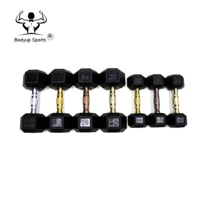 China Weightlifting colored hexagonal rubber dumbbells for sale