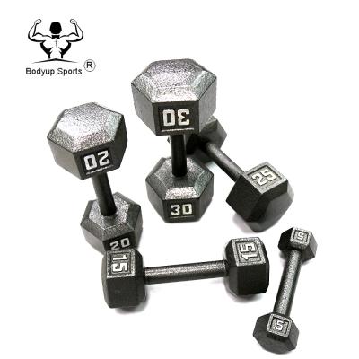 China Fixed Weightlifting Dumbbell Hammertone Metal Cast Iron Hex Solid Dumbbell for sale