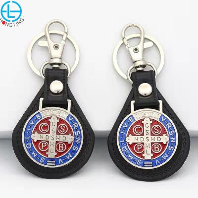 China Factory Wholesale Leather Cross Leather Keychain St Benedict Catholic Leather Key Chain for sale