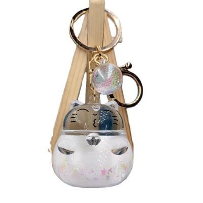 China Cute Promotion Gifts Acrylic Plastic Lucky Cat Keychain Cartoon Oil Floating Liquid Key Chain for sale