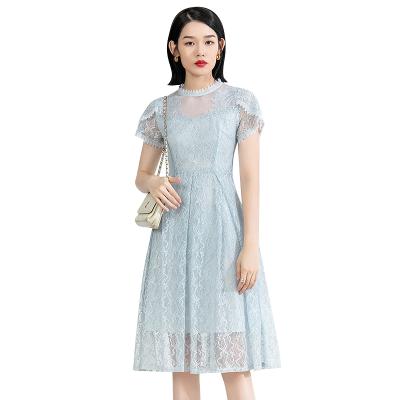 China New London Vintage Summer Dress Anti-Static Tulip Sleeve Nylon Stretchy Blue Elegant Lace Mini Dresses for sale