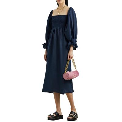 China Anti-Static New Arrival French Elegant Vintage Midi Dresses Square Sleeve Navy Bell Neck Smocked Straight Dresses for sale