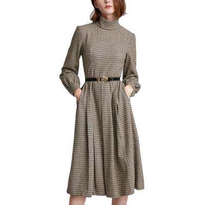 China Latest Paris MUJIU Anti-Static Designers Autumn Dress Long Sleeve Belted Check Plaid Midi Dress Women Work Dresses for sale