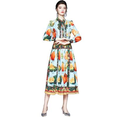 China New Arrvial London Dresses OEM Anti-Static Bohemian Elegant Bohemian Neck Pleated Midi Dress Women Summer Floral Print Dress for sale