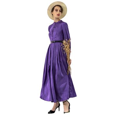 China New Fashion Apparel French Design Fake Anti-Static Neck Button Down Purple Satin Belted Full Sleeve Long Maxi Dresses Design for sale