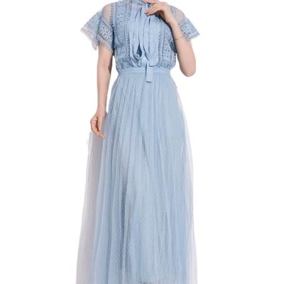 China Wholesale New Summer 2021 Elegant Party Maxi Dresses Sash Neck Classic Light Blue Lace Pleat Anti-Static Long Sleeve Custom Made for sale