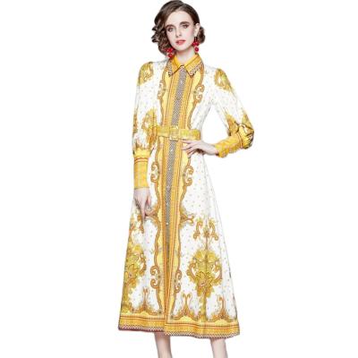 China 2021Western Dress 2021Western Long Sleeve Site Printing Anti-Static Long Dresses Sheer Belt Yellow Chiffon Dresses Design for sale