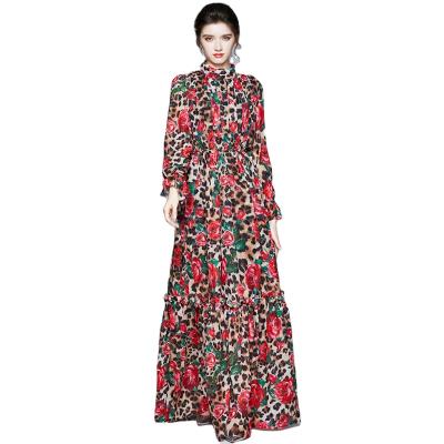 China New Fashion Vintage High Waist Elasit Neck Support Long Sleeve Chiffon Maxi Dresses Anti-static Floral Leopard Printing for sale