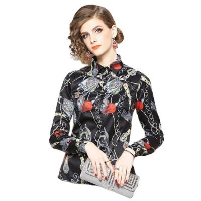 China Vintage High Quality Fashion Anti-pilling Turn Down Collar Single Breasted Classic Printing Shirts Women Retro for sale