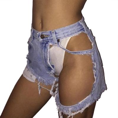 China Rockstars Women's Blue Distressed Shorts Retro Breathable High Waist Denim Shorts Gently Washed Ripped Jeans Shorts for sale