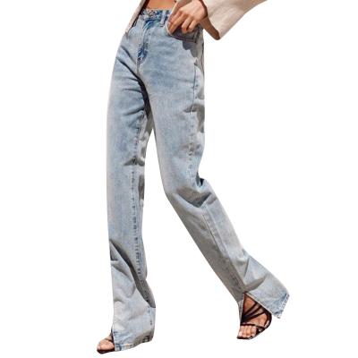 China Street Wear Breathable Soft Washed High Waist Blue Classic Straight Jeans Women Side Split Long Hop Jeans 2021Hip Jeans for sale