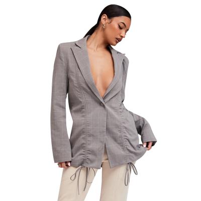 China Best Anti-wrinkle Women's 2021Stylish Winter Trending Vintage Fancy Suits Cotton Plaid Blazers Twine Asymmetric Unique Design Blazers Gray for sale