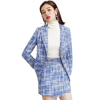 China Anti-wrinkle Na Bay 2021 high quality classic suits and skirt set blue tweed worsted blazer skirts outfits two piece sets for sale