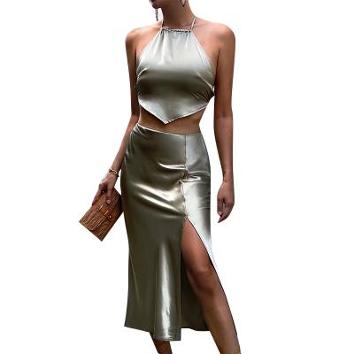 China New QUICK DRY dress dresses two pieces outfits shiny satin crop top and backless split sets of skirts for sale