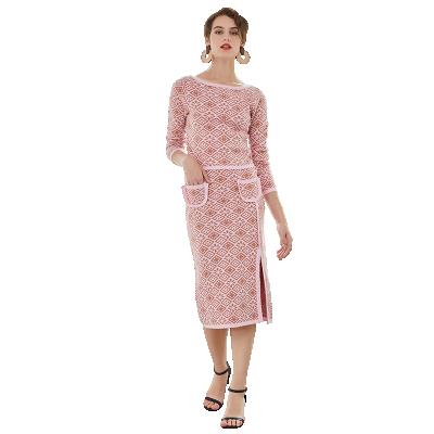 China Retail high quality QUICK DRY women fashion clothes Autumn Knitted Jacquard Elegant Blouse sketches sets office slit skirt teams wear for sale