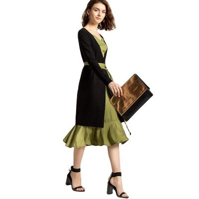 China New Designer QUICK DRY Fashion French Streetwear Autumn Knitted Black Long Outer And Slip Green Dress Sets 2 Piece Outfits Women for sale