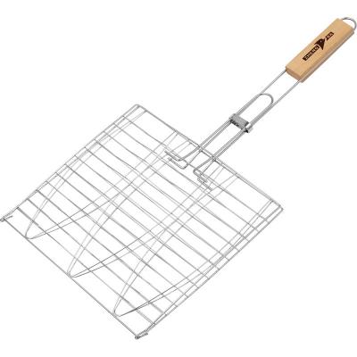 China Easily Cleaned BBQ Grill Basket with Wooden Handle Non-Stick BBQ Mesh for Grilling Fish Shrimp Meat for sale