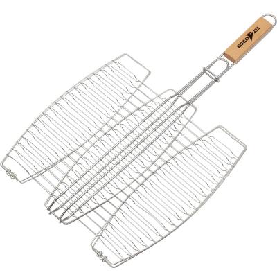 China Easily Cleaned Fish Grill Mesh With Wooden Handle Stainless Steel BBQ Grill Basket Fish Grill Net for sale