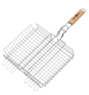 China Easily Cleaned Hot Selling Amazon BBQ Grilling Basket Kebab Grill Outdoor Net With Wooden Handle BBQ Accessories for sale