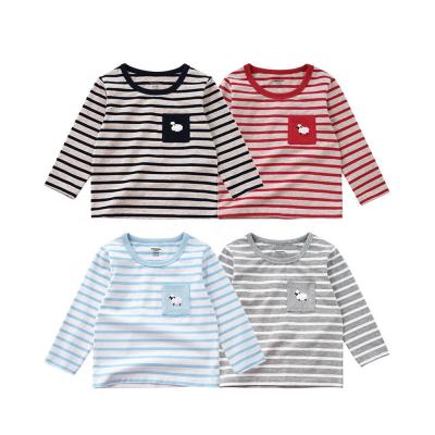 China Factory Wholesale Custom Anti-Shrink Autumn Pocket Embroidery Stripe Girls Kids Long Sleeve T-Shirt Anti-Shrink Top for sale