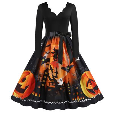 China Anti-wrinkle new Amazon temperament casual spot pumpkin print swing dress slim casual outfits for sale