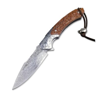 China 3.6in VG10 Damascus Blade Folding Knife Non-variable Steel Sandal Handle Yellow Camping Hunting EDC Pocket Knives for sale