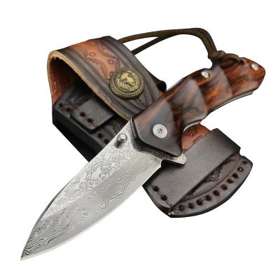 China Red Sandalwood Handle Non-variable Outdoor Pocket Knife Folding Damascus Blade EDC Steel Camping Knives With Sheath for sale