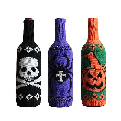 China Wholesale Simple Halloween Wine Cover Skull Pumpkin Knitted Champagne Wine Bag Table Decoration for sale