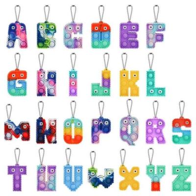 China New Arrival Rainbow Material Eco-friendly Bubble Push Key Chain Pendant Dimple Keyring Mini Single Hand Alphabet 26 Letters Toss Key Chain for sale