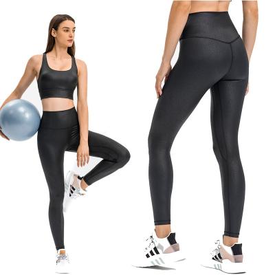 China New Lulu High Waisted Yoga Pants Women Press Print Breathable Leather Matte Print Stretch Hip Lift Fitness Pants Outdoor Gaiters for sale