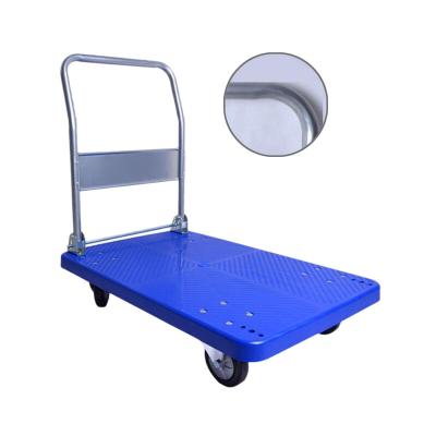 China Derusting & Guangdong 300kg Artistic Load Foldable Four Wheel Plastic Platform Mute Hand Cart With Folding Handle for sale