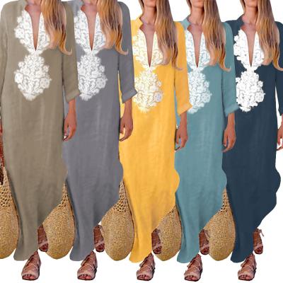 China High Quality Casual Deep Bohemian Multi Color V-Neckline Cotton Long Dress Fashion Loose Sleeve Maxi Dress Anti-static Long Dress for sale